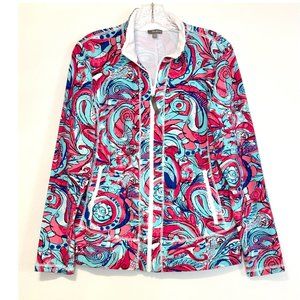 Talbots Activewear Jacket Pink & Blue Swirls Zippered Pockets Stretchy & Soft